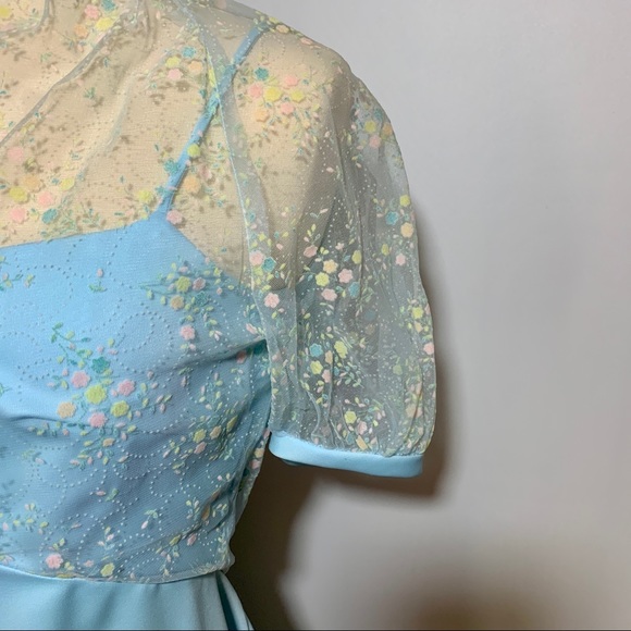 Vintage 1950’s/60’s Baby Blue Sheer Floral Lace Embroidered Overlay Prom Dress - Picture 6 of 16